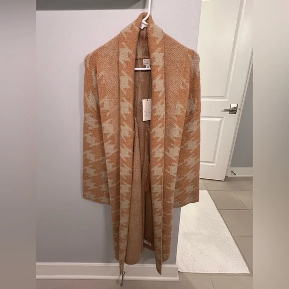 ❌SOLD❌ A New Day Peach & Cream Houndstooth Open Sweater Cardigan Jacket Long - Picture 4 of 10
